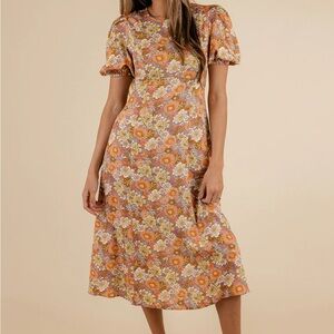 Roolee Floral Puff Sleeve Midi Dress - Orange and Cream